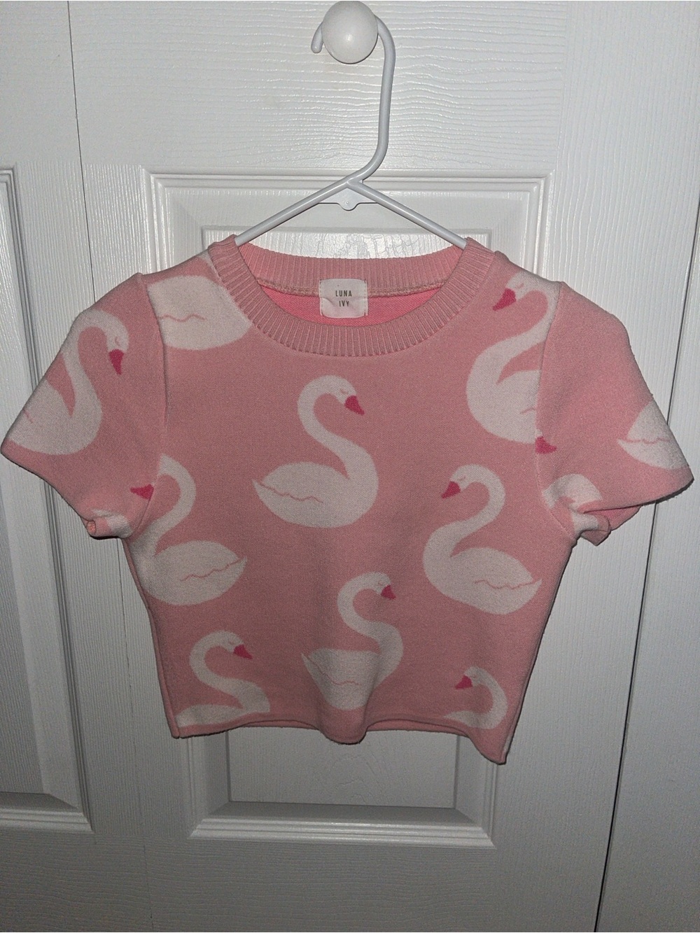 Pink Swan Print Short Sleeve Top